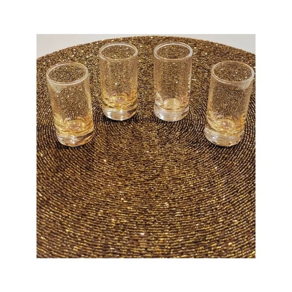 Vintage MCM Shot Glass Set w/ Holder Barware Gold Tone‎ Rim Retro
